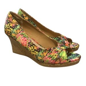 DEXFLEX COMFORT MULITI-COLOUR FLORAL/ PEEP TOE/ CORK WEDGE HEELS/ Size 8